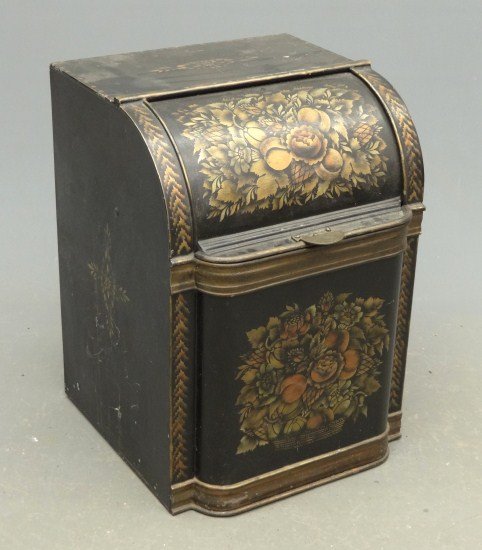 Tole Bin: Early stenciled tole bin. 18" W 24" Ht.