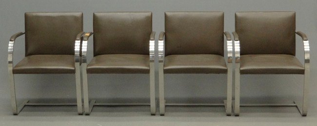 Mid Century Brno Chairs: Set of four Mid Century Brno chairs (designed by Mies Van der Rohe, sold by Knoll). 17" Seat Ht. 32" Overall Ht., some damage.