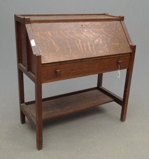Mission Oak Desk: Mission oak desk. 36" W 18" D 33" Ht., labeled "Frederick Loeser & Co., Brooklyn, N.Y. Retailer".