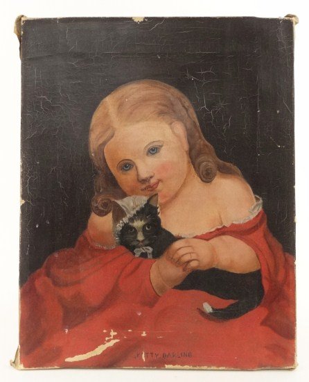 19th c. Portrait Child: 19th c. oil on canvas portrait of a child with kitten titled "Kitty Darling". Unframed 16 1/2" x 13". Some damage.