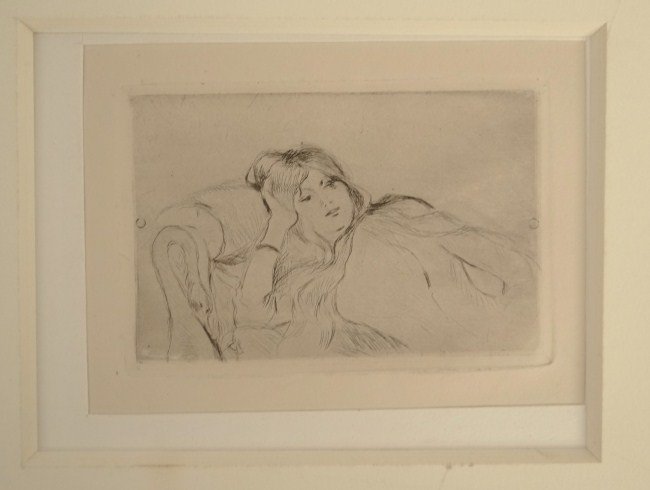 Drypoint Drawing Berthe Morisot: Drypoint drawing woman by Berthe Morisot (France 1841-1895). Titled "Girl Resting" (C. 1889). Unframed 10" x 12 3/4".