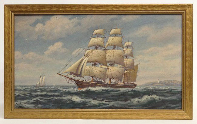 Painting William Paskell: Painting oil on canvas ship signed "WM Paskell" (William Frederick Paskell 1866-1951). Sight 14 1/2" x 25 1/2".