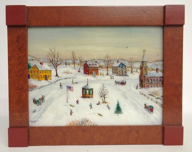 Painting Milton Bond: Reverse painting snow scene signed and dated "Milton Bond" C. 1991", sight 11 1/4" x 15 1/4". Provenance J. Johnson Galleries N.Y.C.