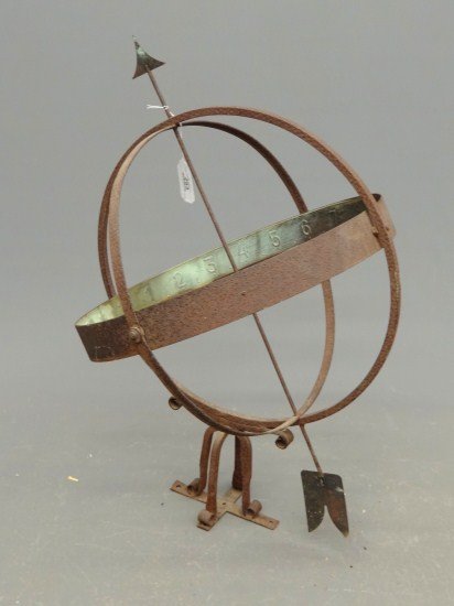 Armillary Sphere: Wrought iron and tin armillary sphere. 32 1/2" Ht.