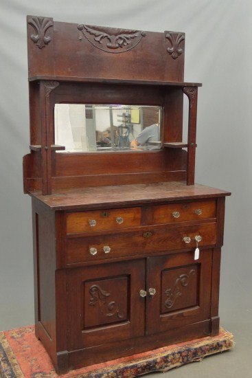Victorian Oak Server: Victorian oak server with mirror. 44" W 20" D 77" Ht.