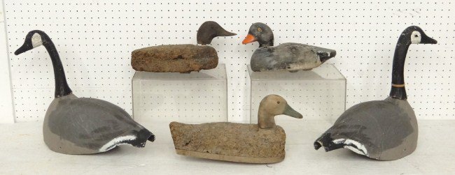 Decoy Lot: Lot five misc. decoys including papier mache, two Hudson river cork and early Scoter.