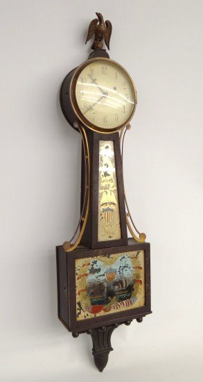 Waltham Banjo Clock: Early Waltham banjo clock with reverse painting "Lake Perry's Erie Victory Sept. 10 1813". 41" Length.