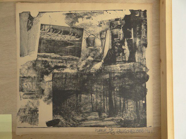 Rauschenberg Signed Print: Print signed and dated "PLANK 23/43 RAUSCHENBERG 1964" (Robert Rauschenberg New York 1925-2008). Unframed 15 3/4" x 16". Paper has seal LLC.