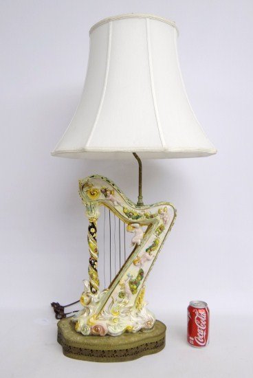 Capodimonte Lamp: Vintage harp shaped Capodimonte lamp. 40" Overall Ht.