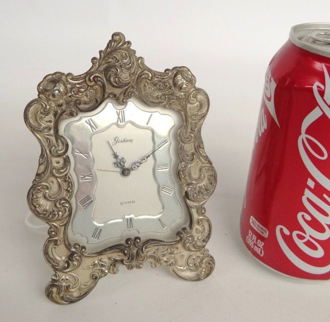 Gorham Clock: Vintage alarm clock Gorham "Cya", sterling silver surround. Cyma Watch Co., 5" Ht.