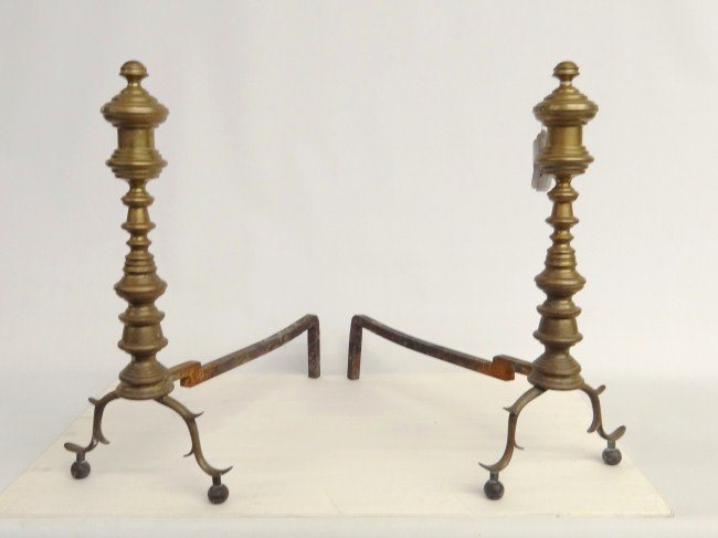Andirons: Pair 19th c. Empire brass andirons. 17 1/2" Ht. 16 1/2" D.