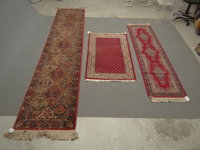 Rug Lot: Three rugs including 24" x 92" runner, 33" x 58" scatter, 30 1/2" x 12' 4" runner.