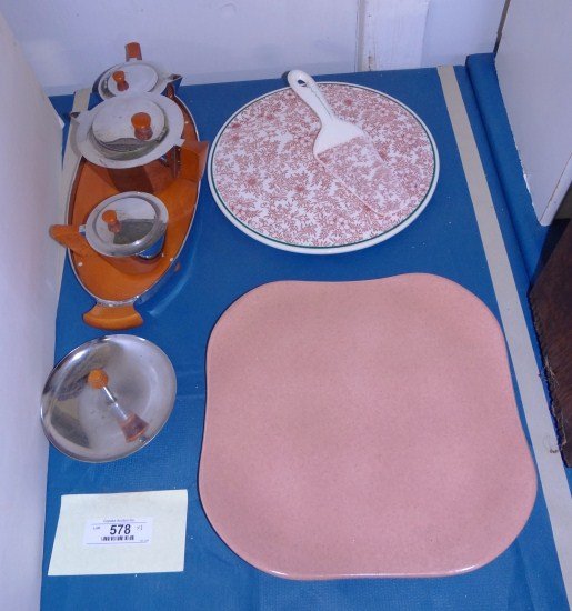 Mid Century Lot: Lot including bakelite handle tea set, Russel Wright dish and Japanese cake plate.