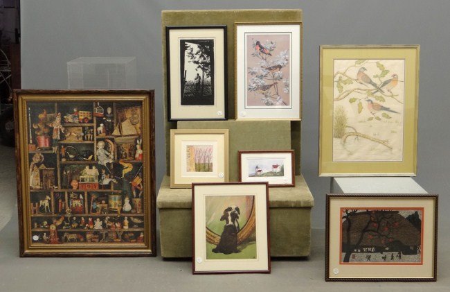 Artwork Lot: Lot including framed puzzle, bird print, bird watercolor, Maine print, Japanese woodblock style print, dog print, Susan Dell Grajer print (local artist), woodblock by L.C. Borene.