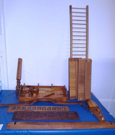 Misc. Lot: MIsc. table lot including ethnic carvings, primitives, wooden molds etc.