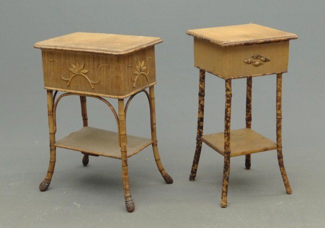 Rattan Sewing Tables: Lot two vintage rattan sewing tables.