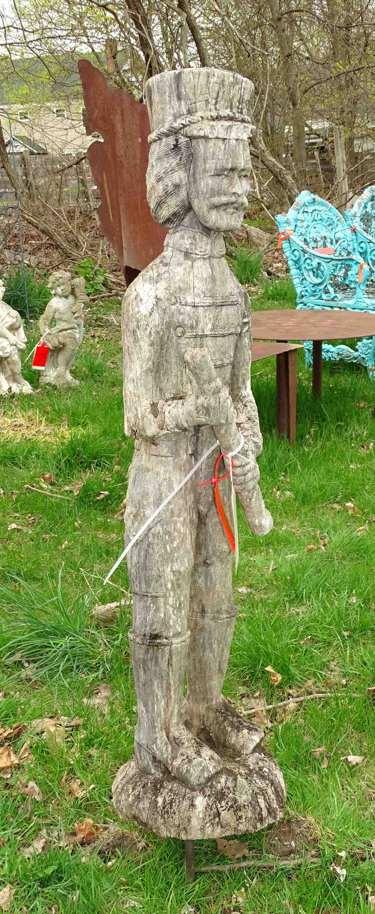 Carved Wooden Soldier Statue: Carved wooden soldier statue 47" Ht., worn condition. Barbara Packer Collection.