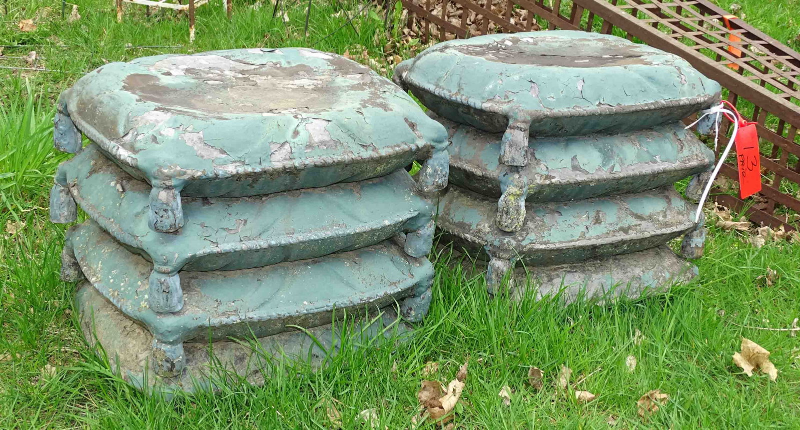Pair of Garden Seats: Pair of composition "stacked pillows" garden seats. 18" x 15" x 16" Ht.. Barbara Packer Collection.