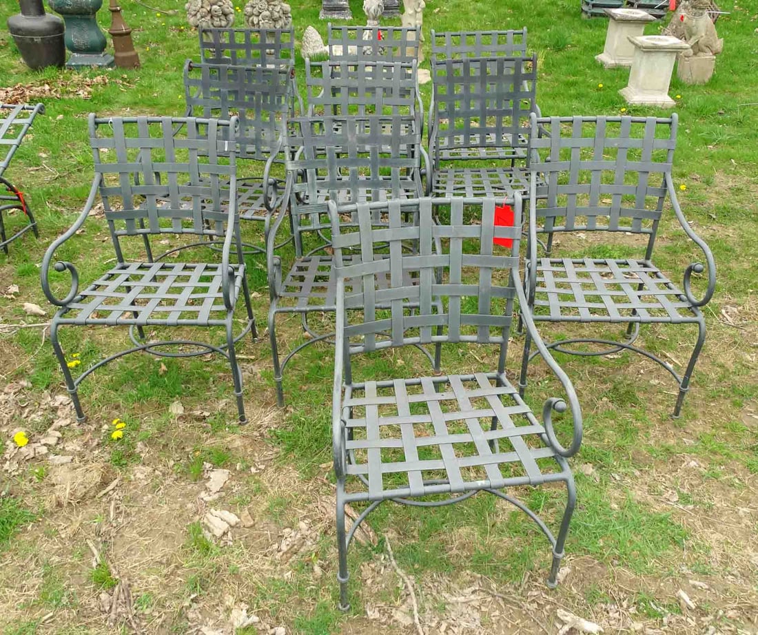 Brown Jordan Arm Chair Set: Brown Jordan metal strap arm chair set (10). 16" seat Ht. x 37" Ht.. Barbara Packer Collection.