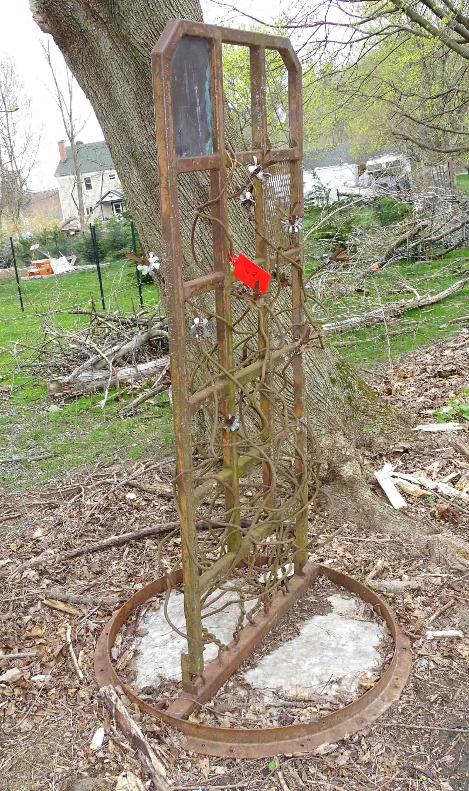 Wrought Iron Garden Sculpture: Wrought iron garden sculpture with base. 60" Ht. x 27" W., 34" Dia. base. Barbara Packer Collection.