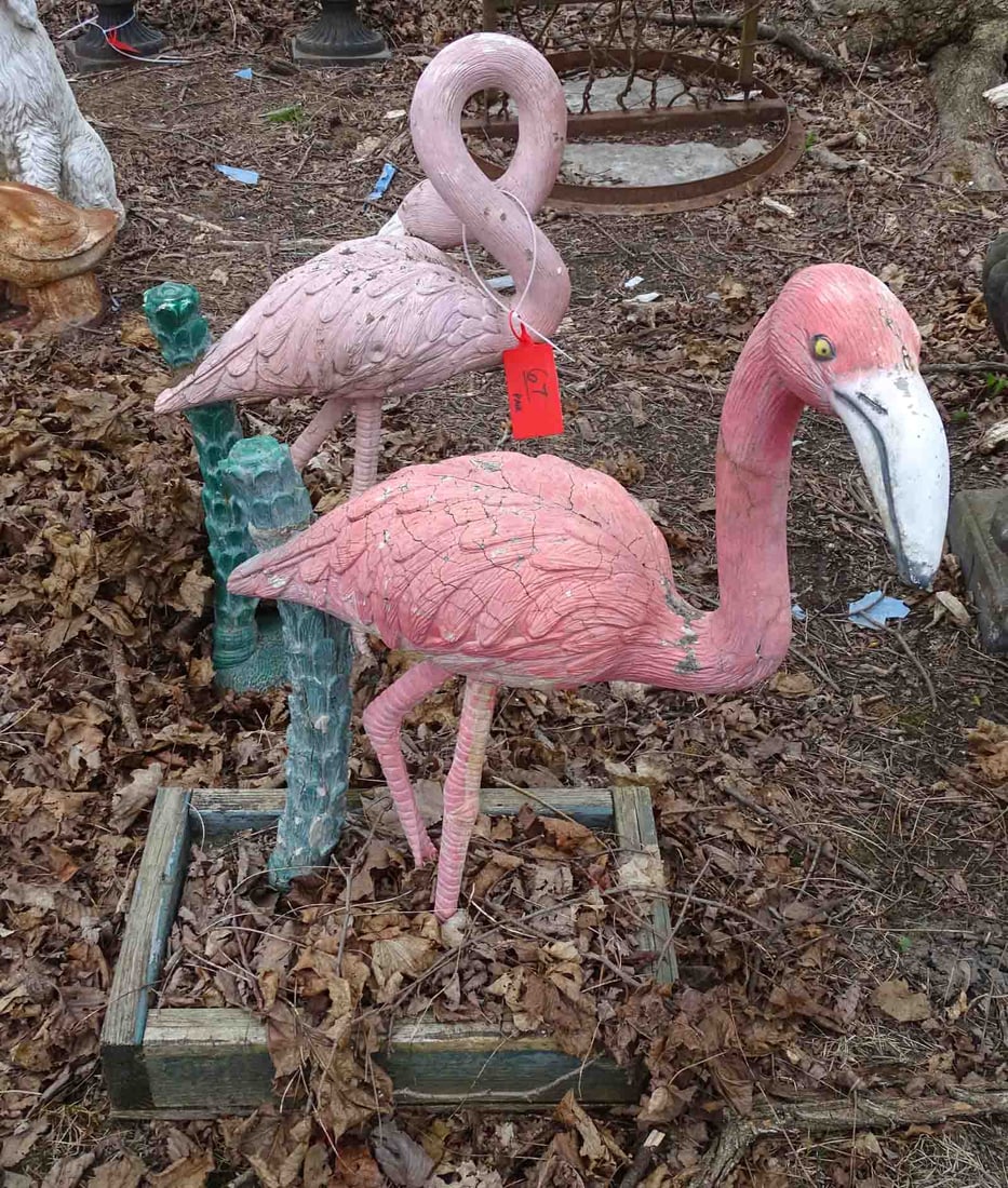 Pair of Cast Stone Flamingos: Pair of cast stone flamingos. 33" Ht.. Barbara Packer Collection.