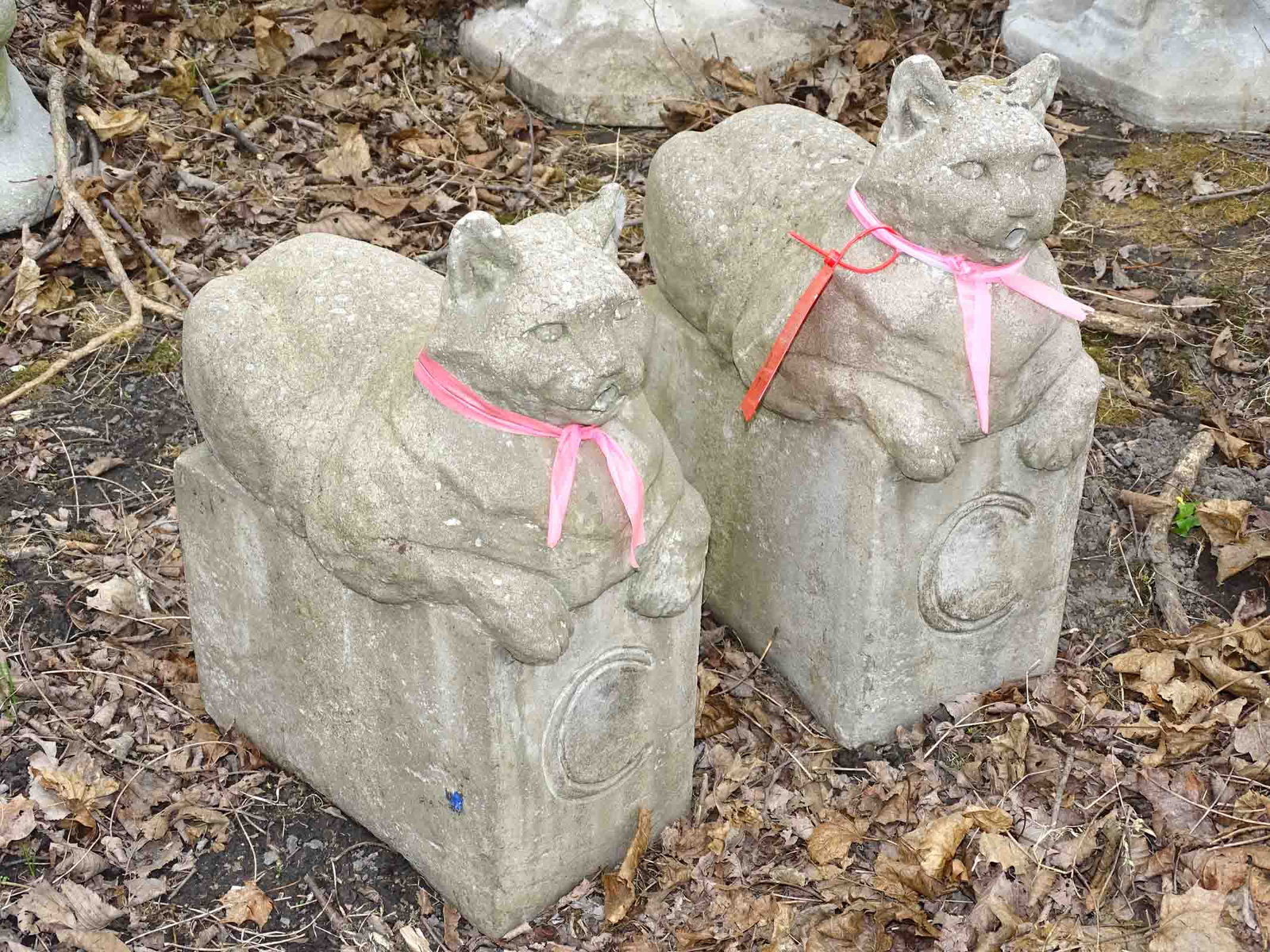 Cast Stone Cats: Pair of cast stone cats. 17" Ht.. Barbara Packer Collection.