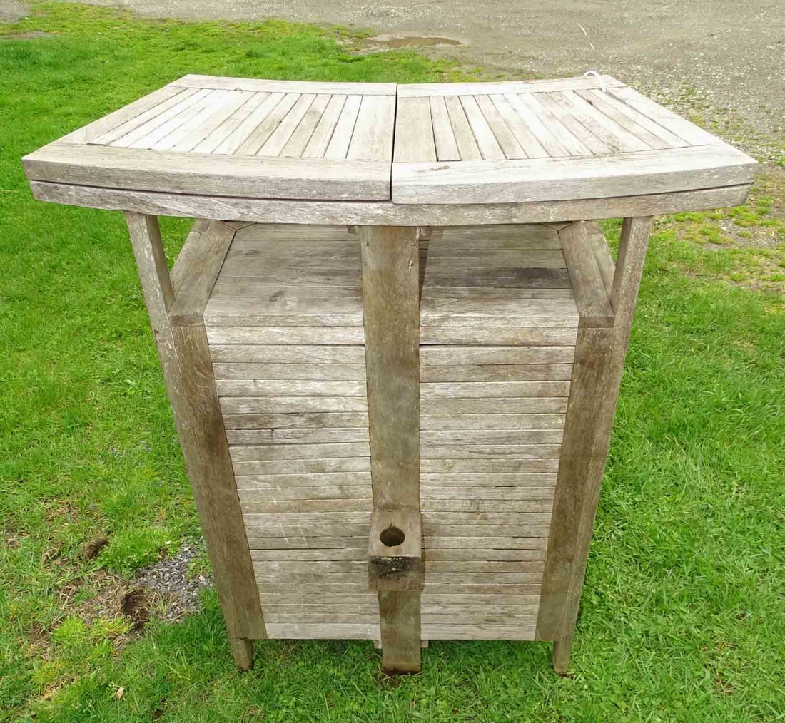 Teak Bar: Teak bar (has imperfections). 38" W. (closed), 71 1/2" W. (open) x 42 1/2" Ht..