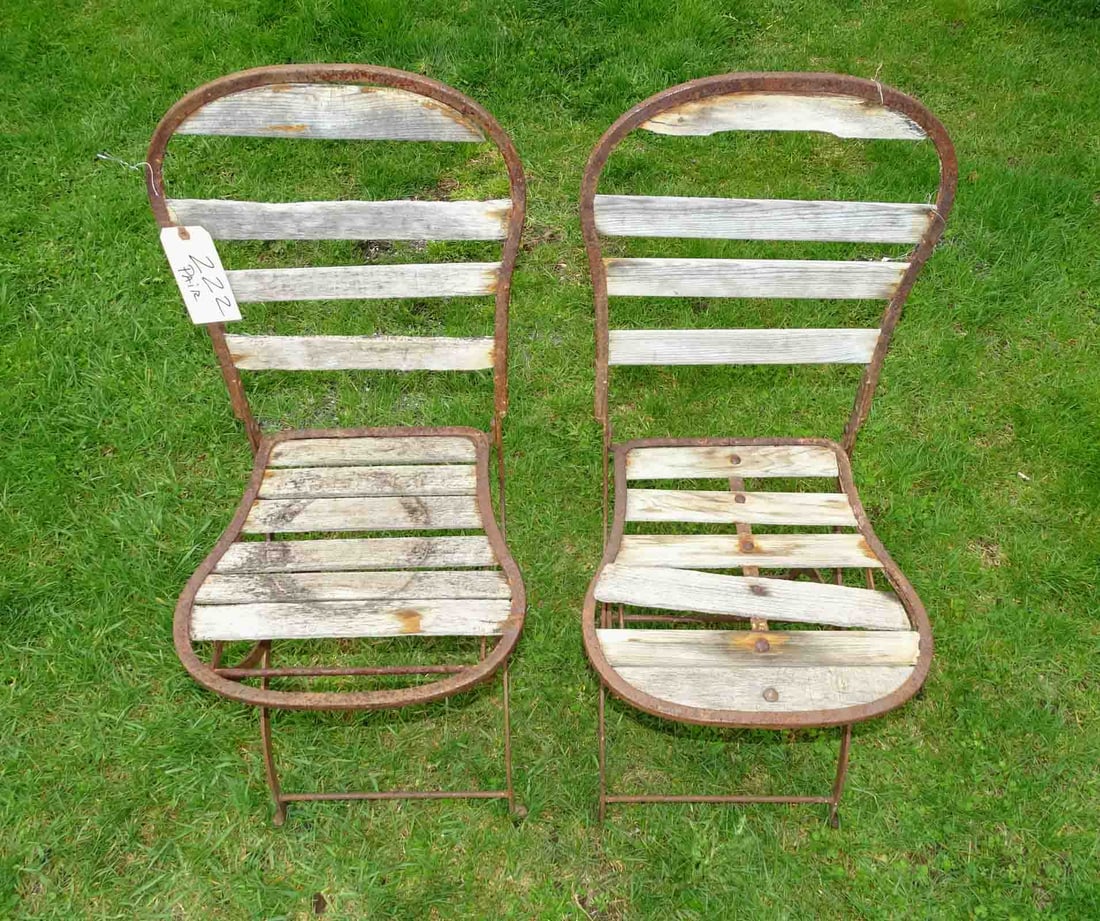 Pair of Folding Chairs: Pair of wrought iron and wood folding patio chairs (wood needs replacement).