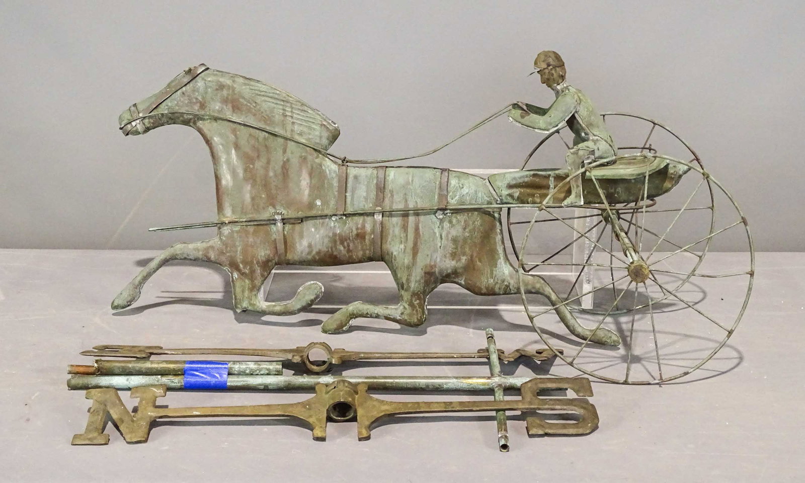 Horse and Jockey Weathervane: Copper horse and jockey weathervane. 31" L..