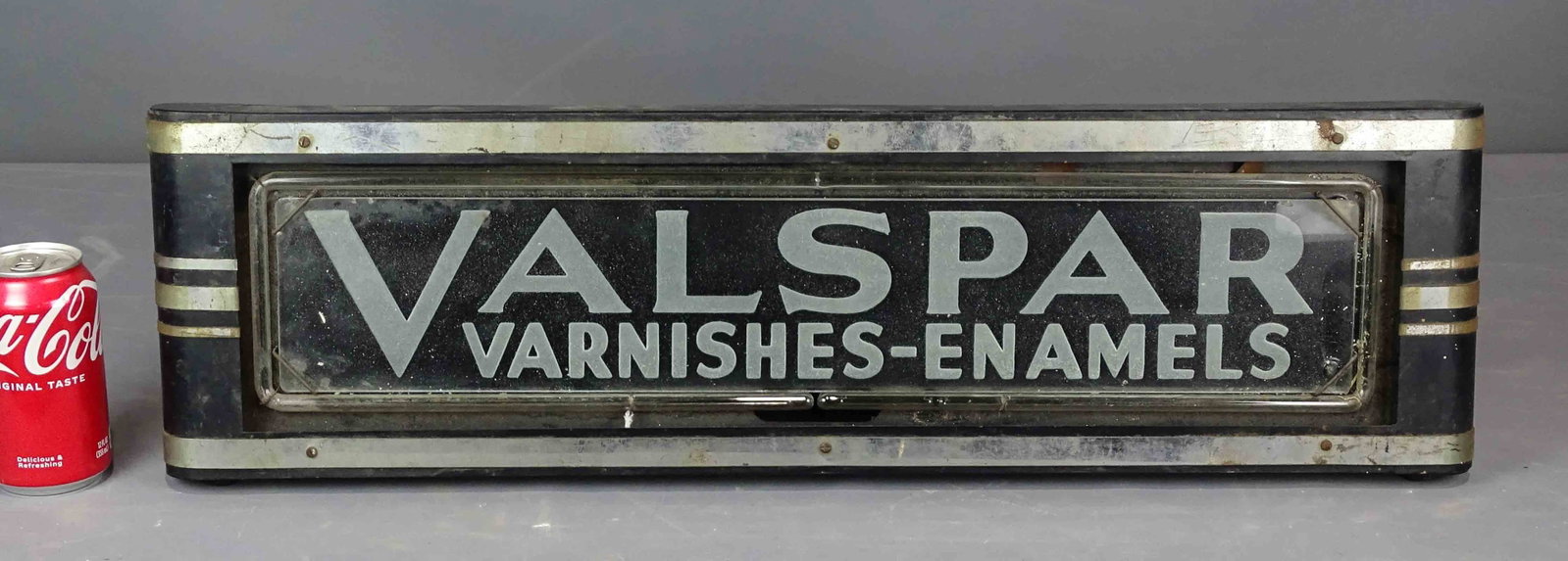 Trade Sign: Vintage trade sign "VALSPAR". 27" x 7 1/2", 5 1/2" D..