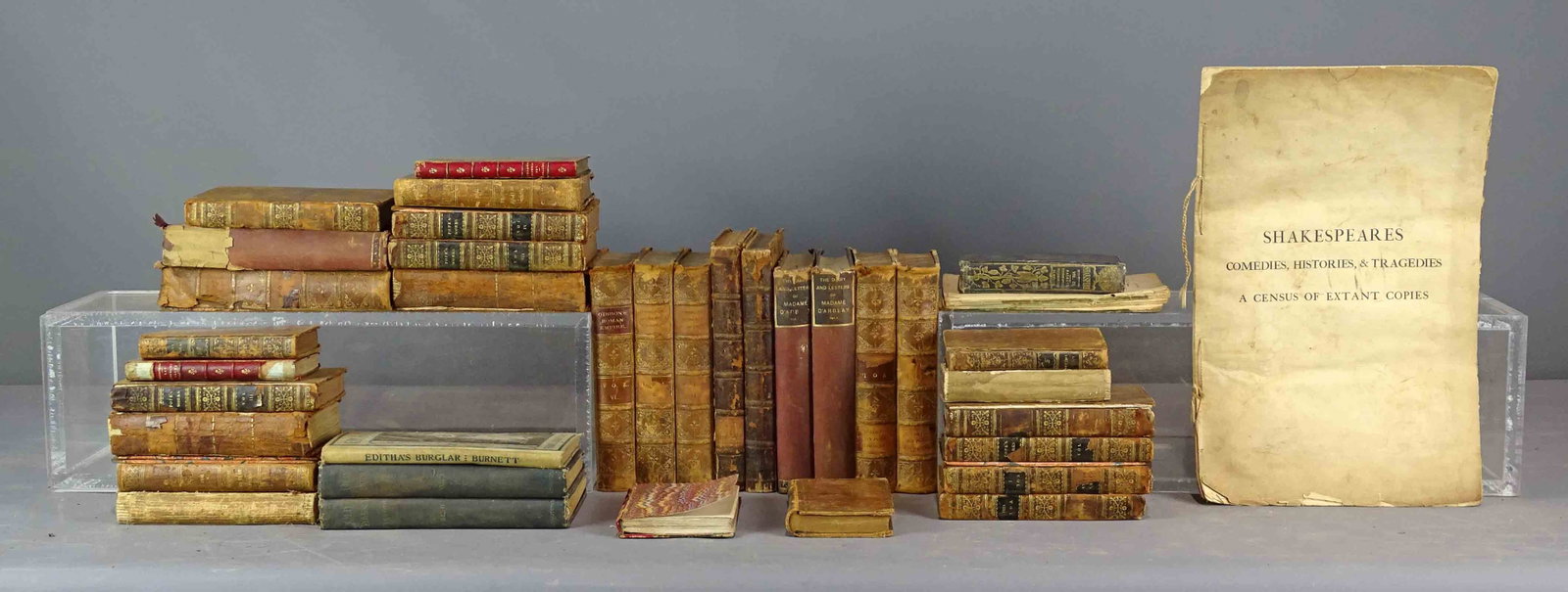 Book Lot: Lot of early books. Variety including but not limited to "LES VIERGES SAGES" (Paris 1848), "THE HISTORY OF THE DECLINE AND FALL OF THE ROMAN EMPIRE" (Boston, 1856), booklet "SHAKESPEARES COMEDIES, HIS