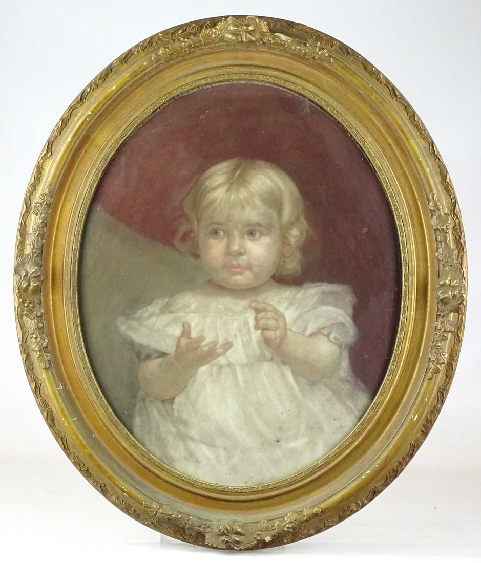 Painting: 19th c. Portrait of a Child: Painting: 19th c. oval pastel portrait of a child. Sight 19" x 15", overall 25 1/2" x 21".