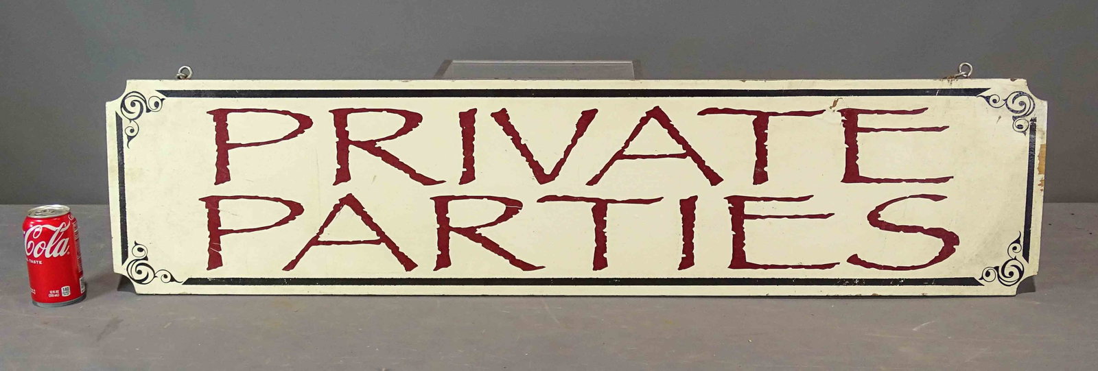 Trade Sign: Painted wooden trade sign "PRIVATE PARTIES". 11 1/4" x 48 1/2".