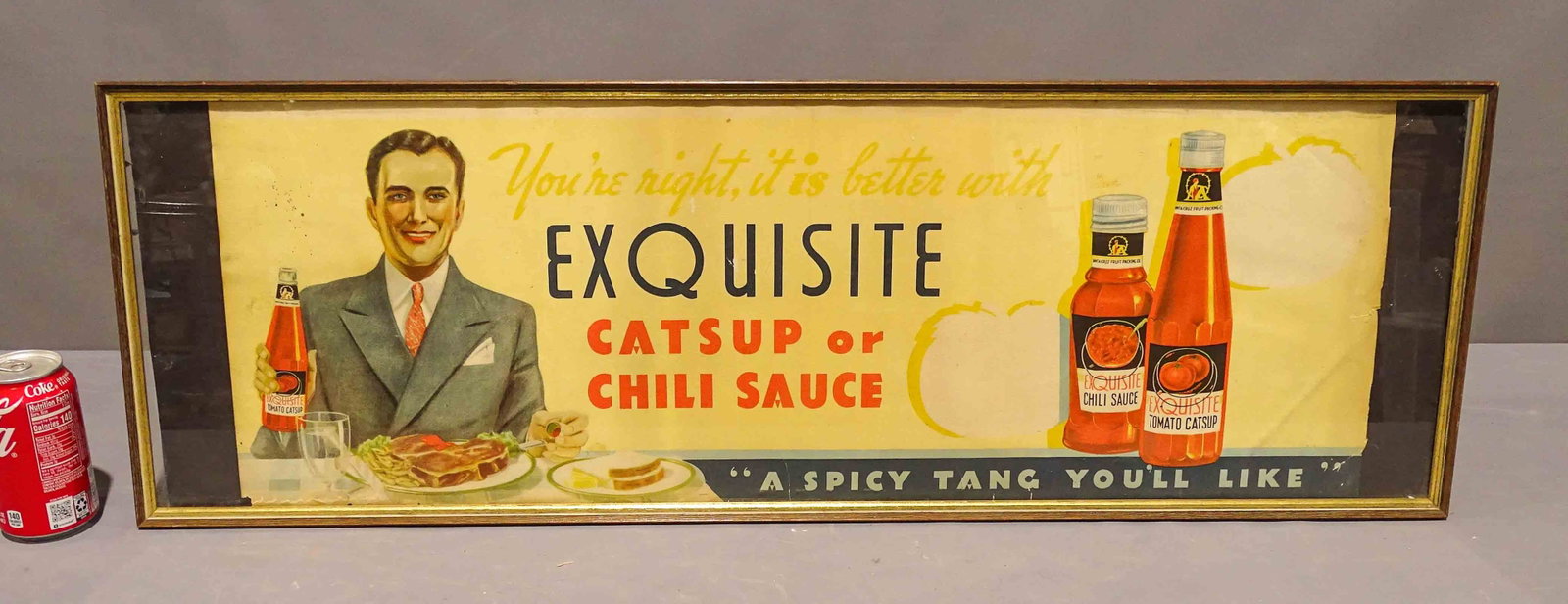 C. 1930's Framed Advertising: C. 1930's framed advertising "EXQUISITE CATSUP of CHILE SAUCE". Overall in frame 12 1/2" x 37".