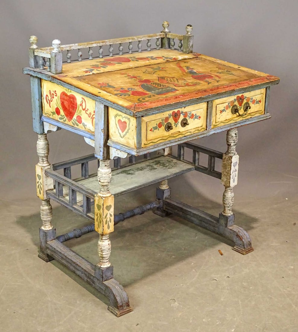 Peter Hunt Style Painted Desk: Peter Hunt style paint decorated desk. 30" x 25" x 37".