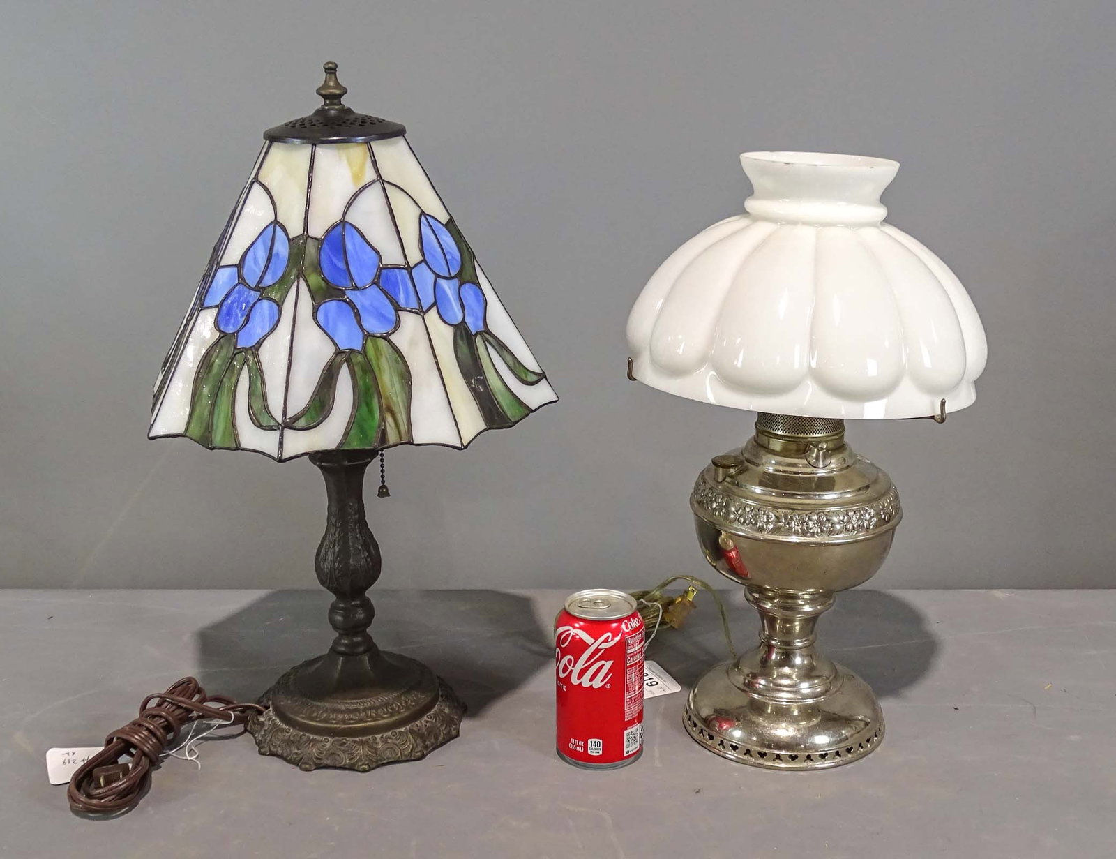 Lamp Lot: Lot (2) lamps including stained glass (21" Ht.), electrified oil lamp (18" Ht.).