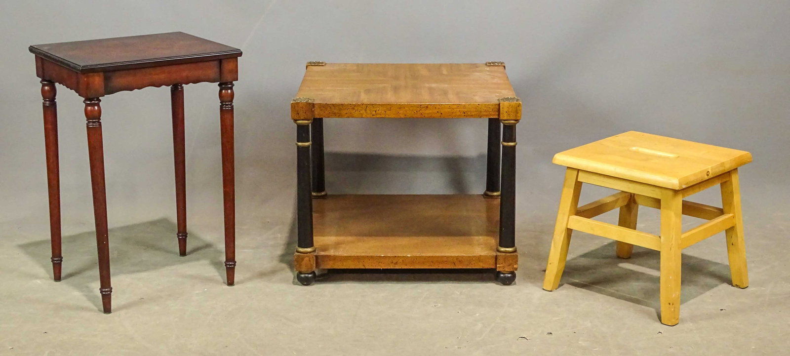 Furniture Lot: Lot (3) pieces of modern furniture including table (14" x 12" x 21"), stool, table (19" x 19" x 16").