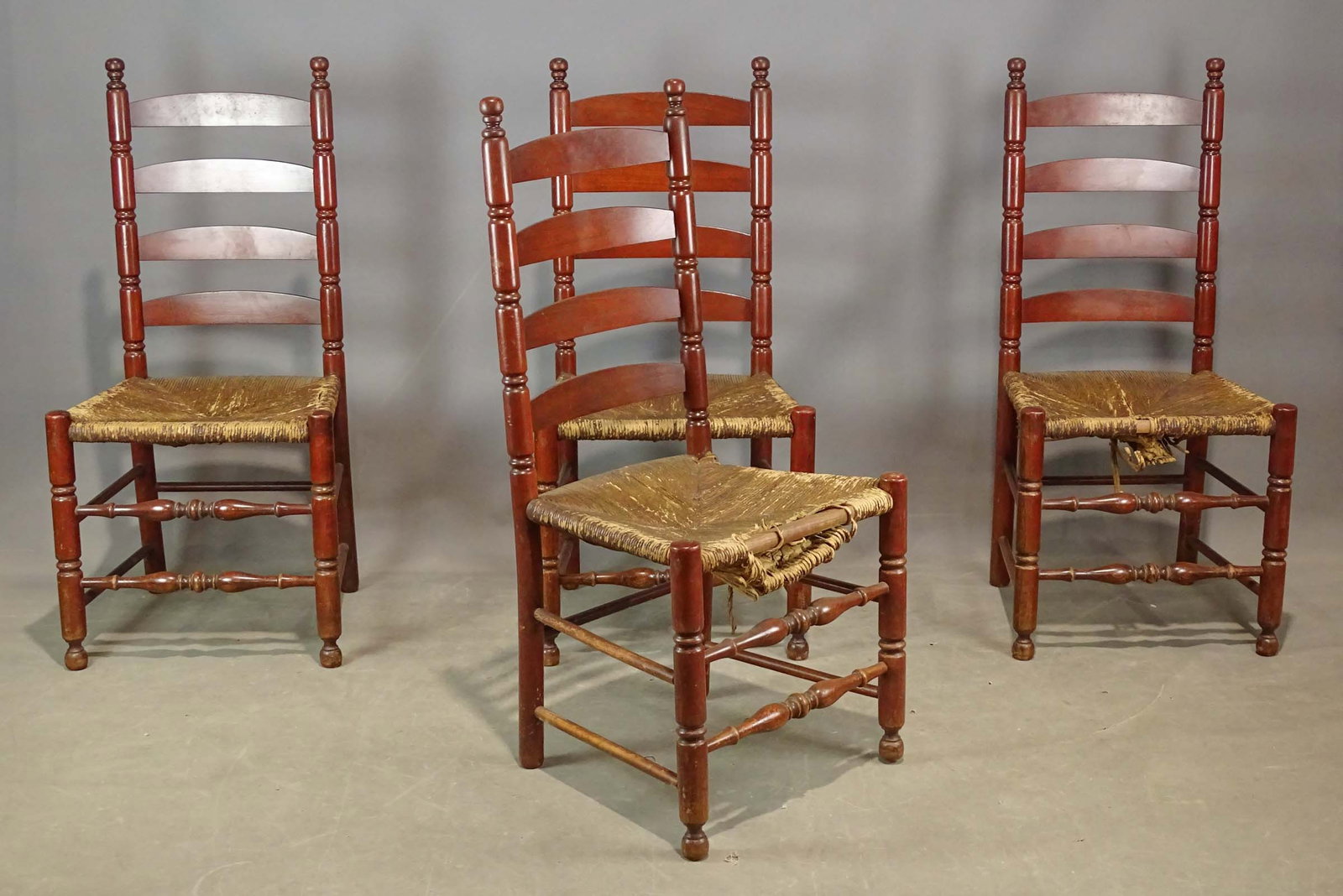 Ladderback Chairs: Set of (4) laddeback chairs. As found. 19" seat Ht., 42" overall Ht..
