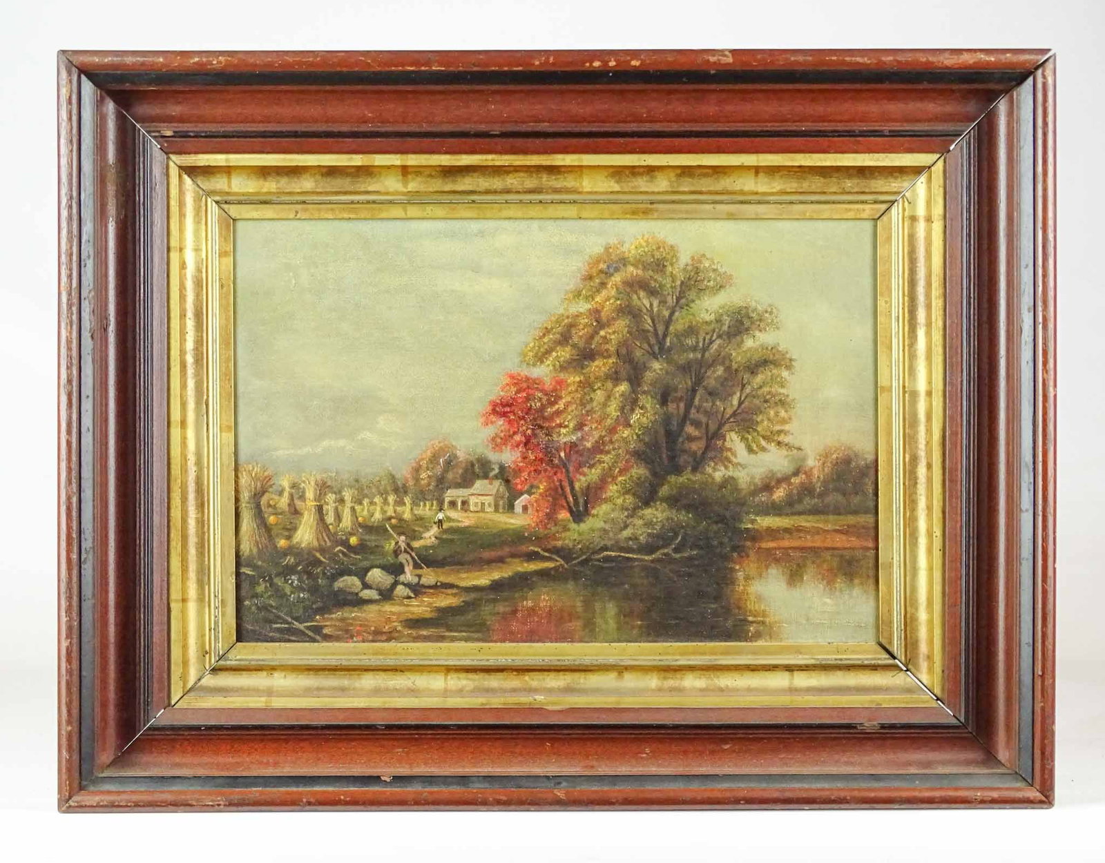 Painting: 19th c. Landscape with Haystacks: Painting: 19th c. landscape with haystacks. Oil on canvas. 10" x 14", overall 15" x 19 1/2".