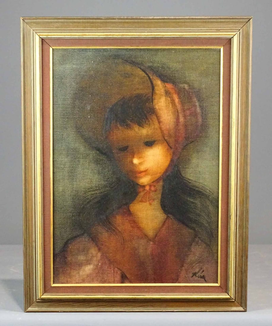 Painting: Woman in Bonnet: Painting: Woman in bonnet. Oil on canvas. Signed indistinctly LRC. 20" x 14 1/2", overall 24 1/2" x 18 1/2".