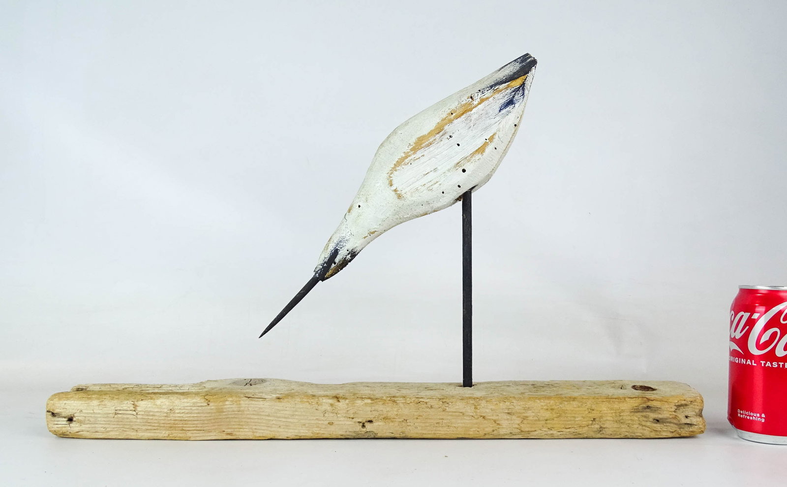 Shorebird: Folk art carved shorebird on driftwood base. Bird 12 1/2" x 11", 21" base.