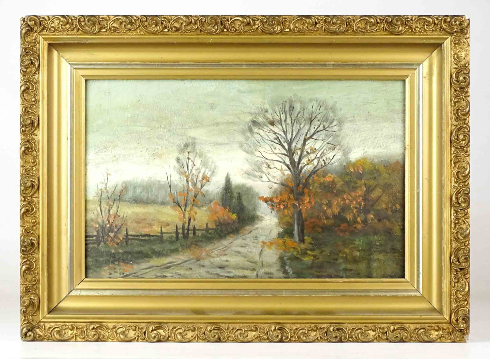 Painting: 19th c. Landscape: Painting: 19th c. landscape. Oil on artist board. Marked verso. 8 1/2" x 13 3/4", overall 13" x 18".