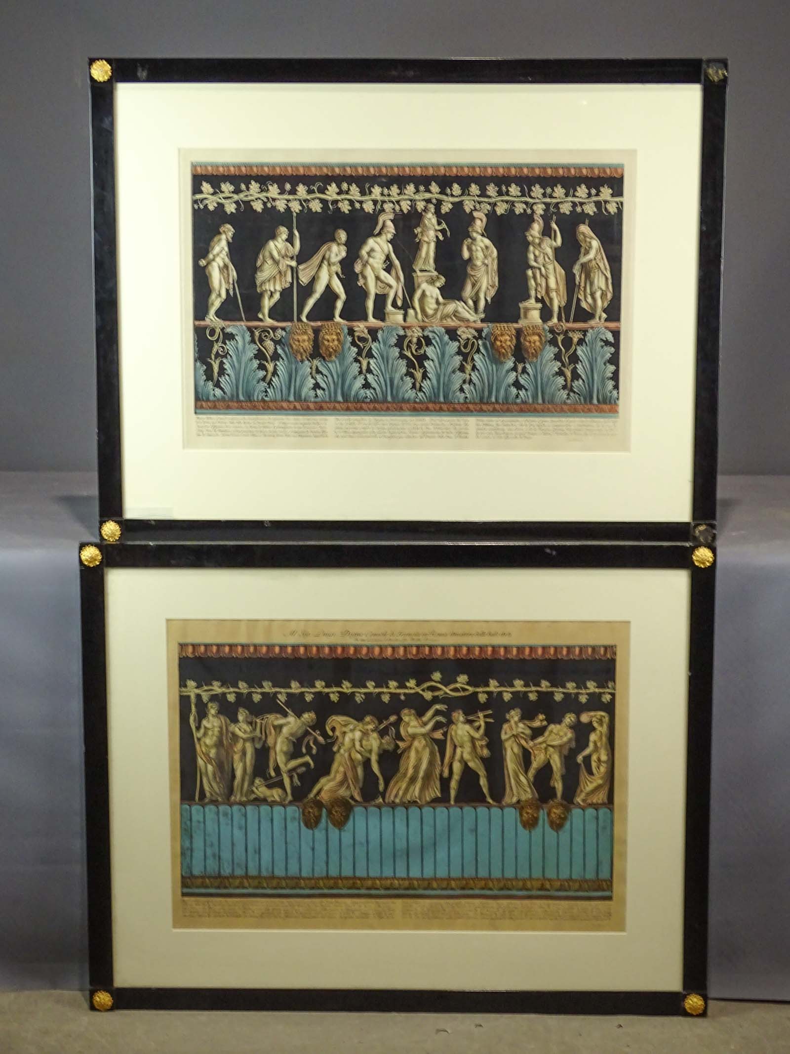 Piranesi Print Pair of Roman Classical Designs: Giovanni Battista Piranesi (1720-1778). Cavorting semi nude male and female classical figures from relief in architectural fragment. With a companion print as a pair. 2 prints hand colored in gouache.