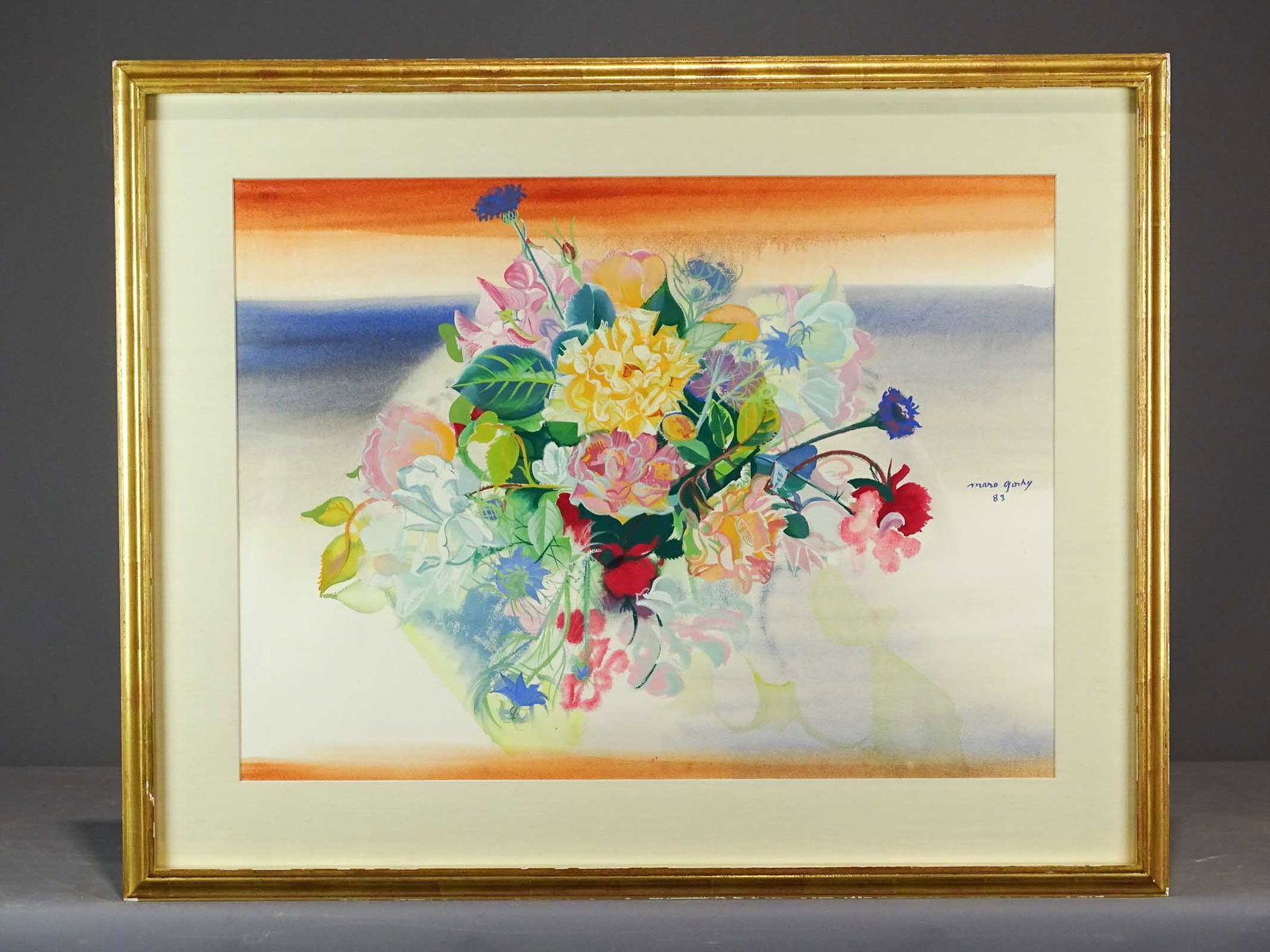 Maro Gorky (b. 1943) Flower Painting: Still life painting of flower arrangement by Maro Gorky (American Armenian), daughter of Ashile Gorky. Watercolor and gouache on paper. Signed mid right and dated 1983. Woman artist. Overall in frame 
