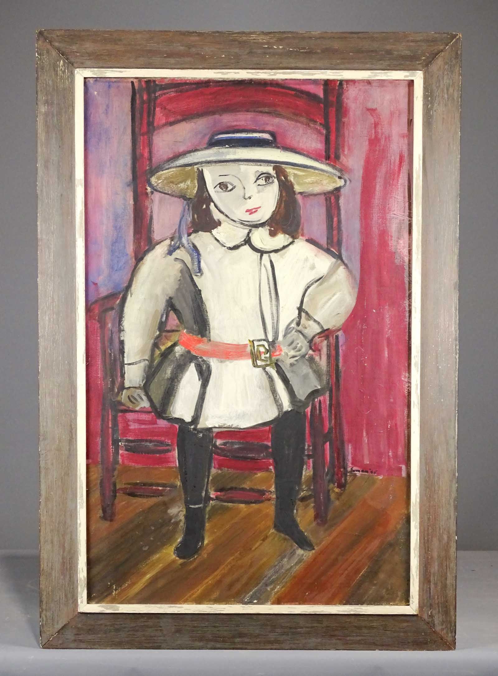 Betty Samuels Esman (1904-1996) Painting: Portrait of a Girl. Signed Esman lower right and dated 1945. Oil on canvas. Woman artist. Overall in frame 42" x 28".
