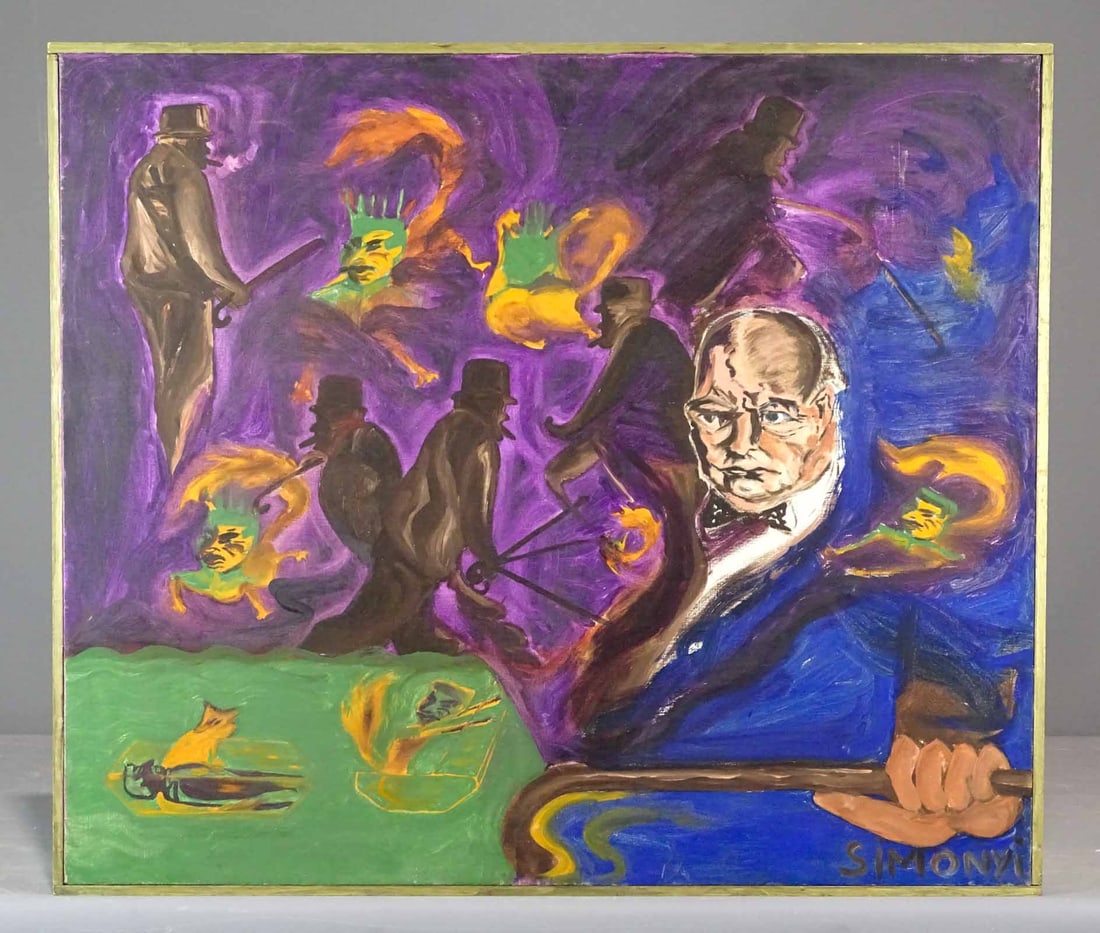 Emo Simonyi (Hungary, b. 1943) Painting: The Inferno. Winston Churchill satirical modern painting. Signed lower right. Titled verso. Oil on canvas. Various images of Churchill, who was British Prime Minister during WWII. Overall in frame 30"