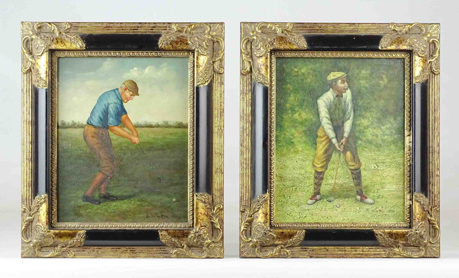 Golf Paintings: Pair of small sporting paintings on board of golfers. Signed indistinctly lower right. Overall in frames 13 3/4" x 11 1/2".