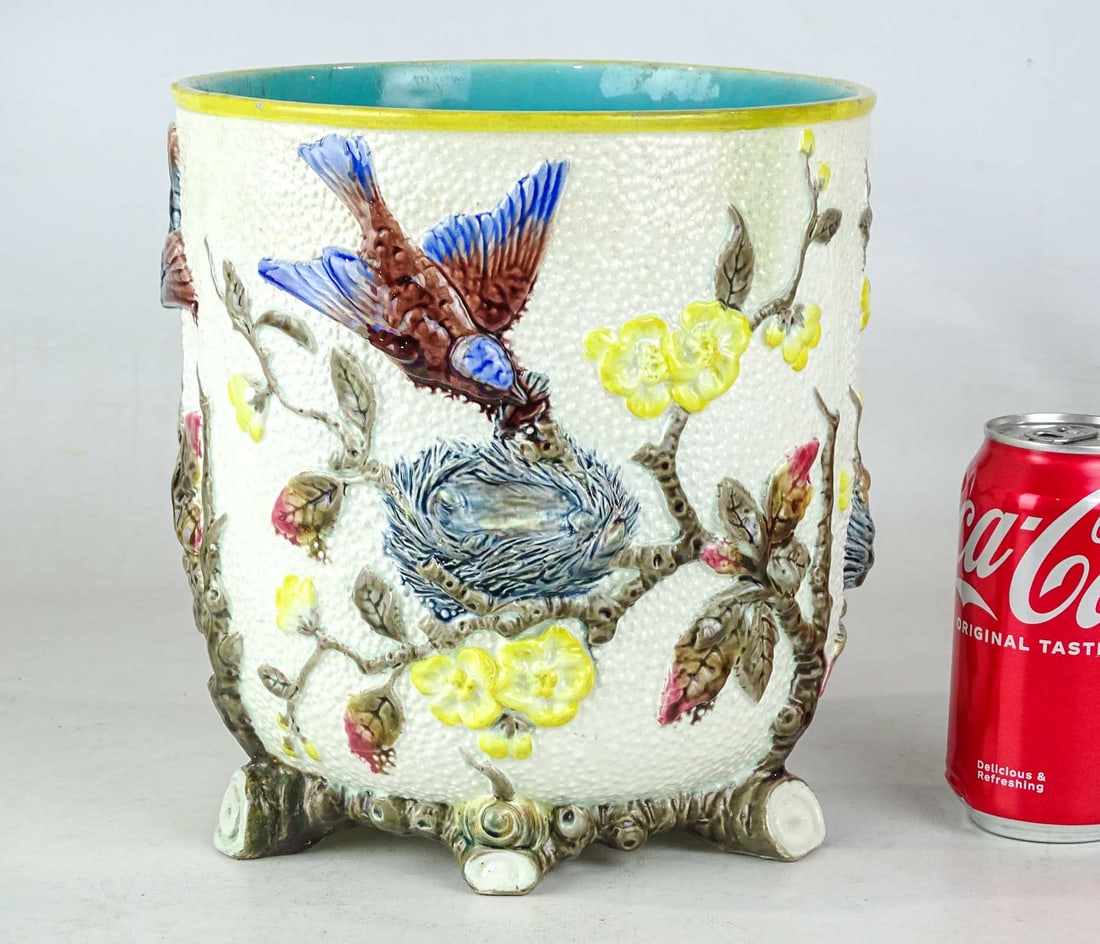 Wedgwood Majolica Planter: Early Wedgwood Majolica planter. 8" D., 9" Ht.. Small hairline.