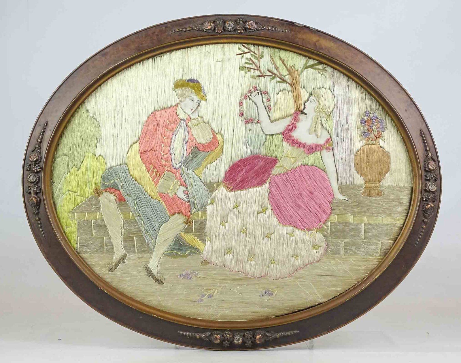 Silk Needlework: Early silk needlework. Sight 13 1/2" x 17", overall 16" x 20".