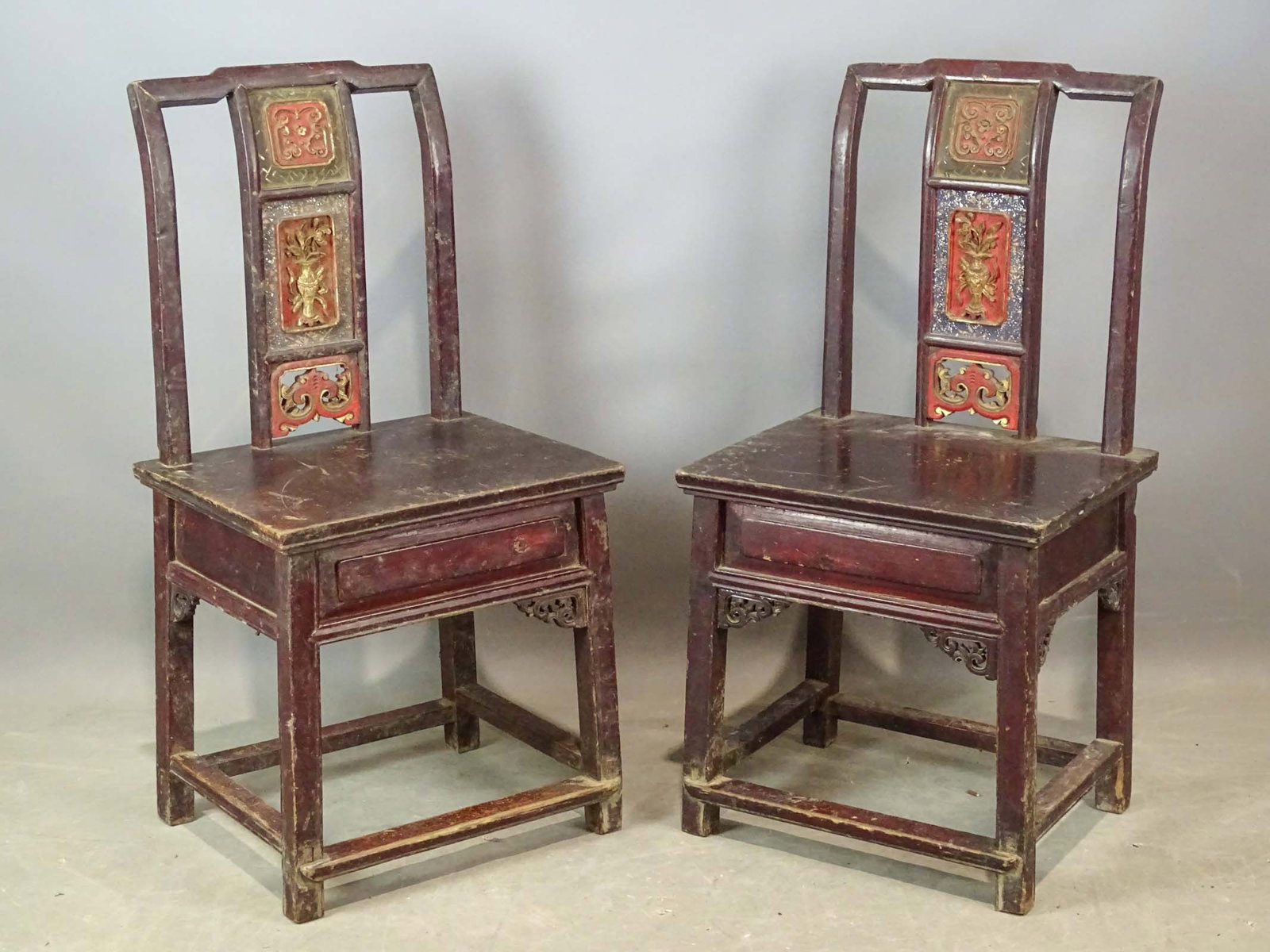 Pair of Chinese Chairs: Pair of Chinese chairs with side drawers. 16" x 13 1/2" x 32".